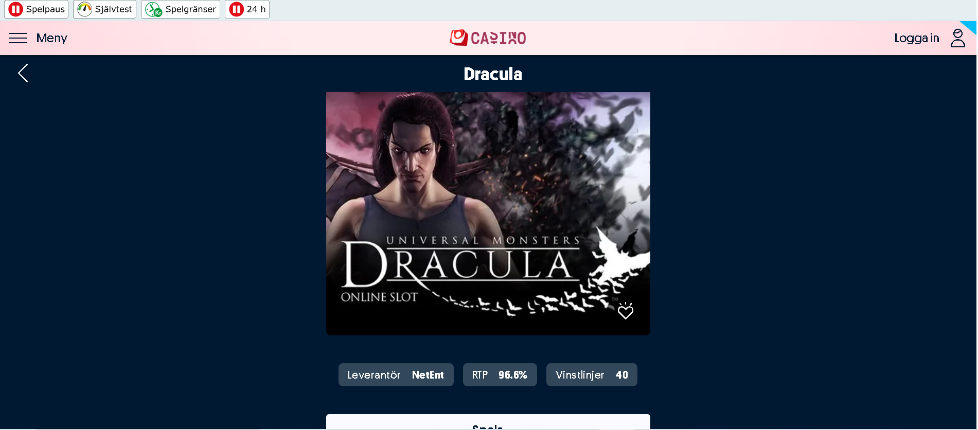 Dracula Casino skärmdump - casino utan spelpaus